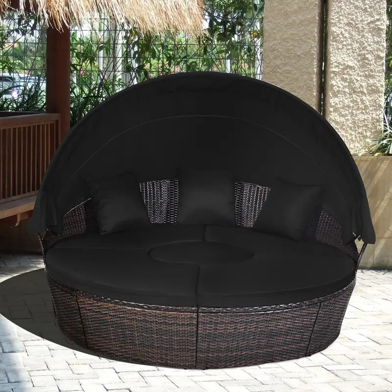 MULTIGOT Patio Rattan Daybed Cushioned Sofa Adjustable Table Top Canopy Black