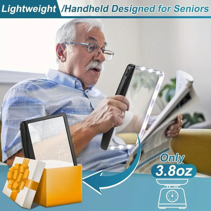 10X Magnifying Glass with Light - Large Bright LED Full Page Magnifier, Lightweight Handheld Rectangular Design for Reading Small Prints, Seniors & Low Vision