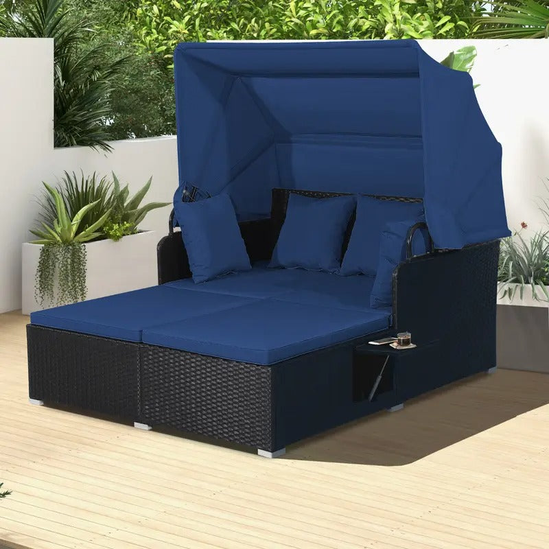 LIFEZEAL Outdoor Patio Daybed with Retractable Canopy - Extra Large Cushioned Lounge, Navy Blue PE Rattan-like Furniture, Heavy-Duty Metal Frame, Easy-Clean Cushion Covers for Poolside, Garden