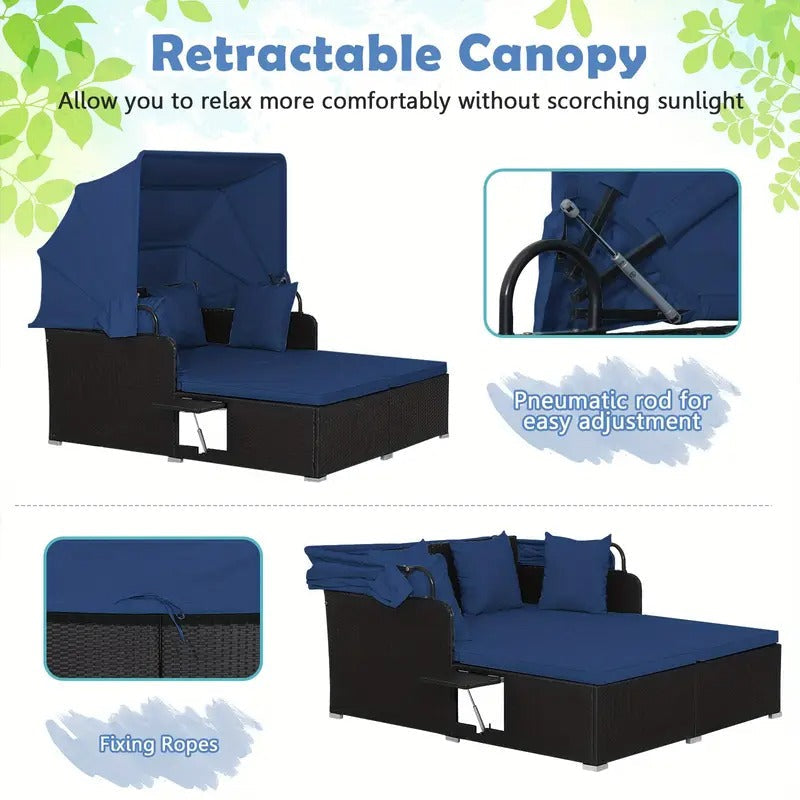 LIFEZEAL Outdoor Patio Daybed with Retractable Canopy - Extra Large Cushioned Lounge, Navy Blue PE Rattan-like Furniture, Heavy-Duty Metal Frame, Easy-Clean Cushion Covers for Poolside, Garden
