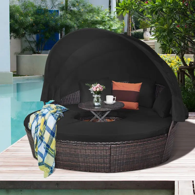 MULTIGOT Patio Rattan Daybed Cushioned Sofa Adjustable Table Top Canopy Black
