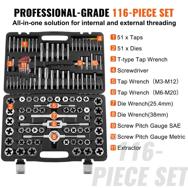 VEVOR Tap and Die Set, 116-Piece Include Metric and SAE Size, Bearing Steel Taps and Dies, Essential Threading Tool for Cutting External Internal Threads, with Complete Accessories and Storage Case