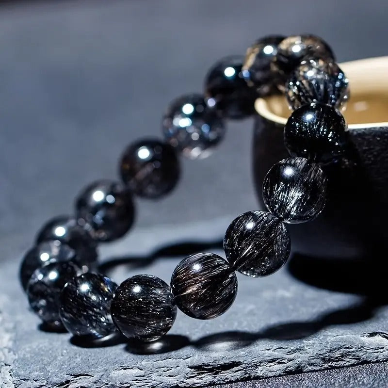 Natural Black Quartz Bead Bracelet - Hip-Hop Style Unisex Couple's Gift, Polished Glossy Beads for Year-Round Wear, Durable Everyday Jewelry for Him & Her