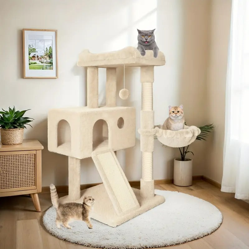 [HOOMIC Cat Tree] HOOMIC 36" Multi-Level Dark Grey Cat Tree | Indoor Cat Condo With Sisal Scratching Posts, Cozy Hammock, Padded Plush Perch For Kittens, Grey, Beige