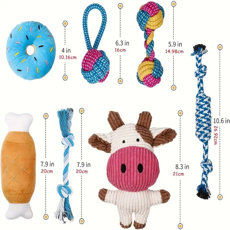 7 Pack Small Dog Toys for Puppies - Durable Chew Toys with Cute Calf Plush, Squeaky Donut & Chew Rope Toys - Teething Toys for Teething Relief, Interactive Play & Dental Health - Soft Fabric