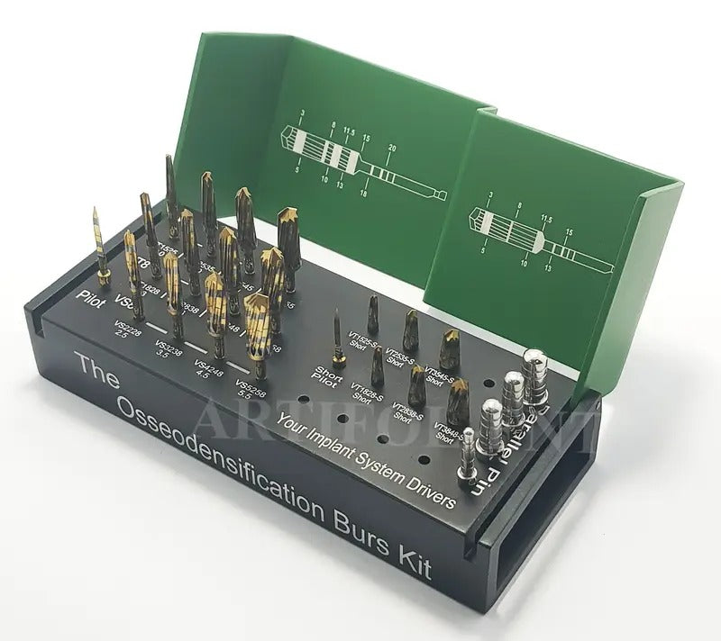 ARTIFOL 24-Piece Osseodensification Kit - Universal Burs & Pins Set with Metal Holder Drive OS1029