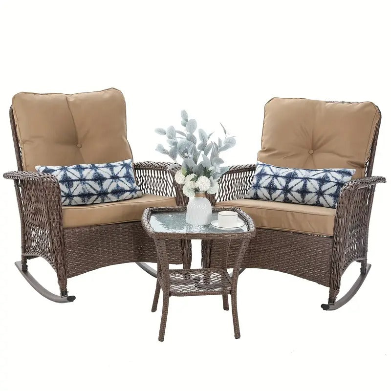 3pcs Patio Set Rocking, Rattan Outdoor Rocking Patio Bistro Set With 2 Rockers And 1 Side Table With 4'Thick Cushions For Backyard, Porch, Balcony, Poolside, And 1piece Of Chair Can Choose