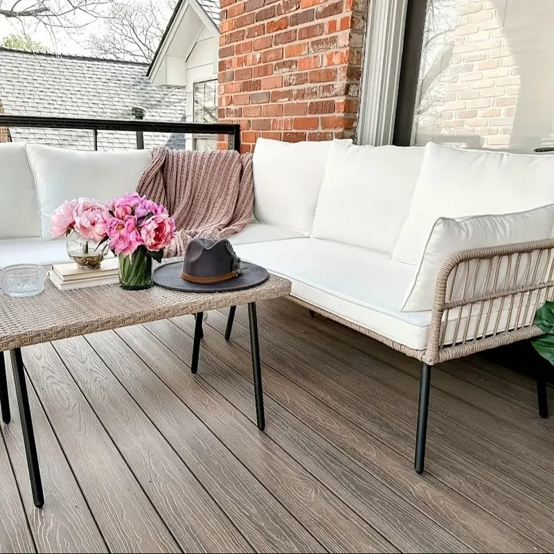 TROPOW 4pcss, Patio Furniture Set, Cutout Rough Rattan Corner 4pcss Set With 5 Seats For Backyard, Porch, Boho Removable Chaise Lounge With Cushions And Side Table - Beige