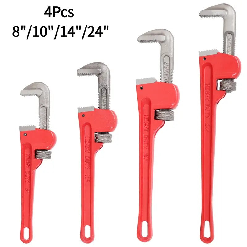 4pcs Heavy Duty Adjustable Pipe Wrench Set - 8", 10", 14", 24" Water Alloy Steel Grip Plumber'S Tools with Red Handles for Precision Plumbing, Mechanical Operation, Industrial
