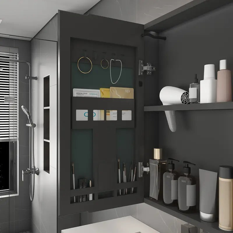 Aluminium Medicine Cabinet Mirror, 35 X 28 Inches Medicine Cabinet with 3 Colors LED Light And Defogging Function, Bathroom Mirror Cabinet with Cosmetic Storage Rack And Hair Dryer Holder, Bathroom Medicine Cabinet