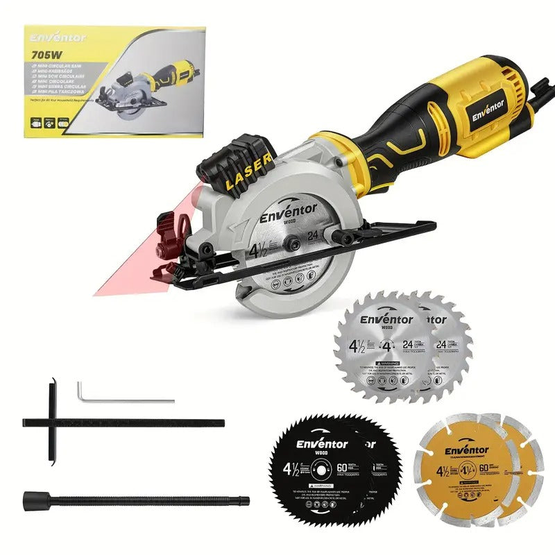 Mini Circular Saw, ENVENTOR 5.8A Compact Circular Saw With Laser Guide, Mini Saw 6 Saw Blades, Max Cutting Depth 1-11/16"(90°), 1-1/8"(45°), Ideal For Soft Metal, Wood, Tile, Drywall, And Plastic Cuts