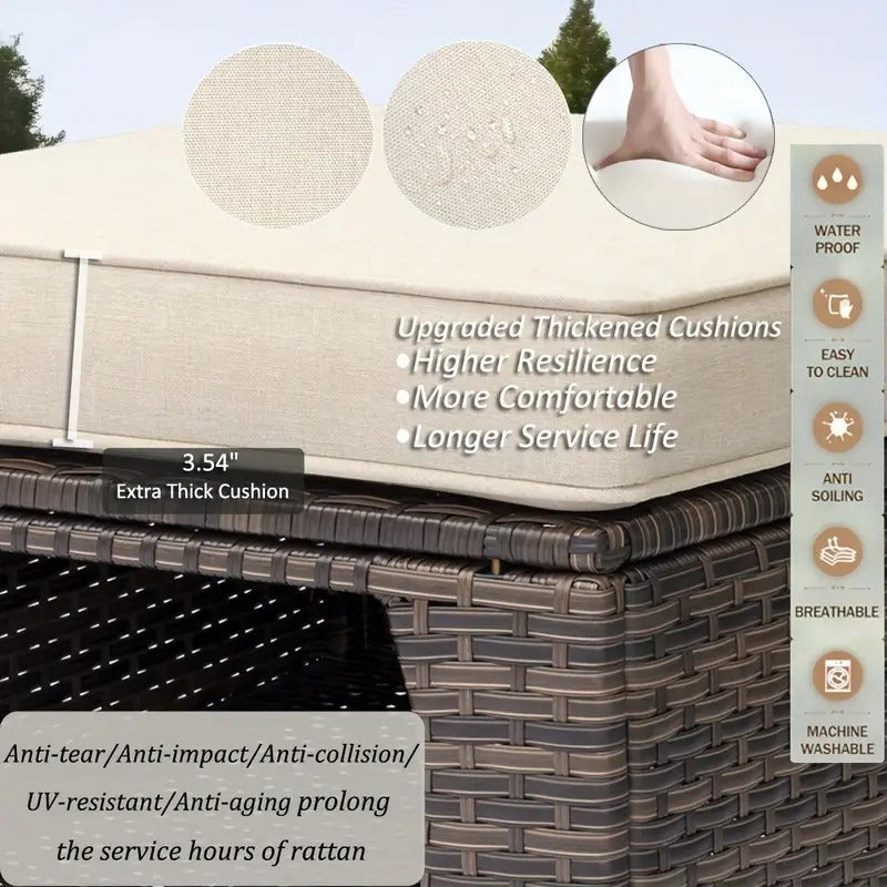 A Set Of 12pcs Wicker Patio Outdoor Single Chairs&360° Swivel Rocking Chairs Set, High-backrest Sofa, Multi-functional Ottomans, Tempered Glass Small Side Table, Brown Wicker with Beige Cushions