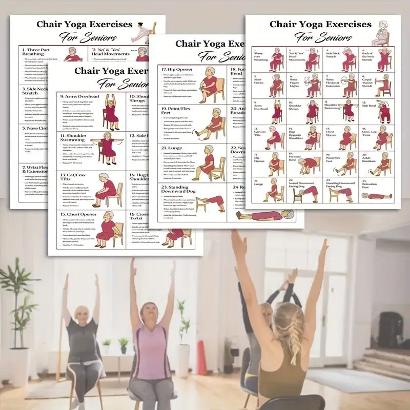 4pcs Chair Yoga Practice Set, Suitable for Seniors, Beginners Chair Yoga, Fitness Guide for Seniors, Suitable for Home, Bedroom Health Gift for Loved Ones And Friends, 8, 0x10, 0 Inches, Detailed Practice Instructions