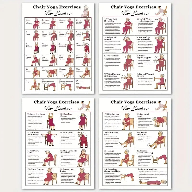 4pcs Chair Yoga Practice Set, Suitable for Seniors, Beginners Chair Yoga, Fitness Guide for Seniors, Suitable for Home, Bedroom Health Gift for Loved Ones And Friends, 8, 0x10, 0 Inches, Detailed Practice Instructions