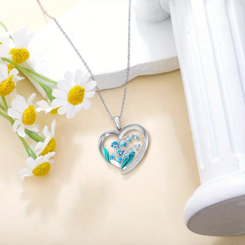 Cultured Gemstone 925 Pure Silvery Lily Heart Pendant Necklace Women'S Jewelry