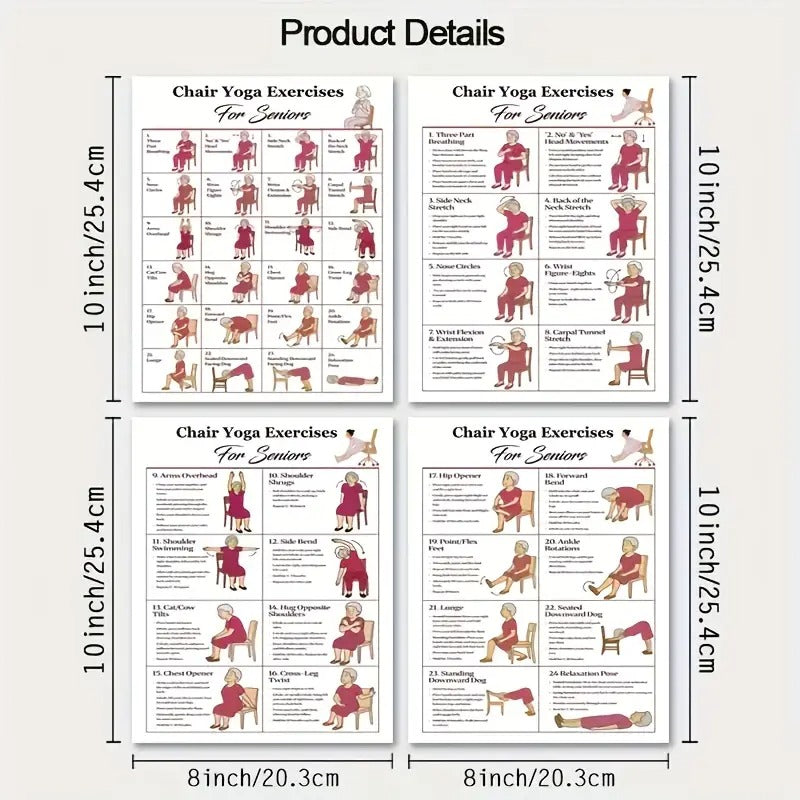 4pcs Chair Yoga Practice Set, Suitable for Seniors, Beginners Chair Yoga, Fitness Guide for Seniors, Suitable for Home, Bedroom Health Gift for Loved Ones And Friends, 8, 0x10, 0 Inches, Detailed Practice Instructions