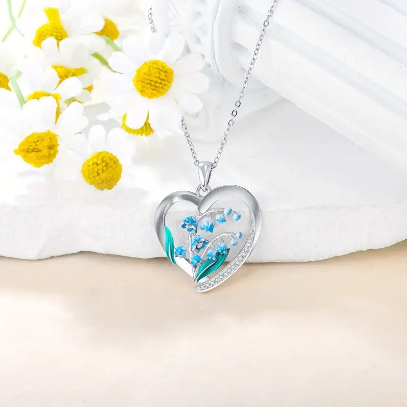 Cultured Gemstone 925 Pure Silvery Lily Heart Pendant Necklace Women'S Jewelry