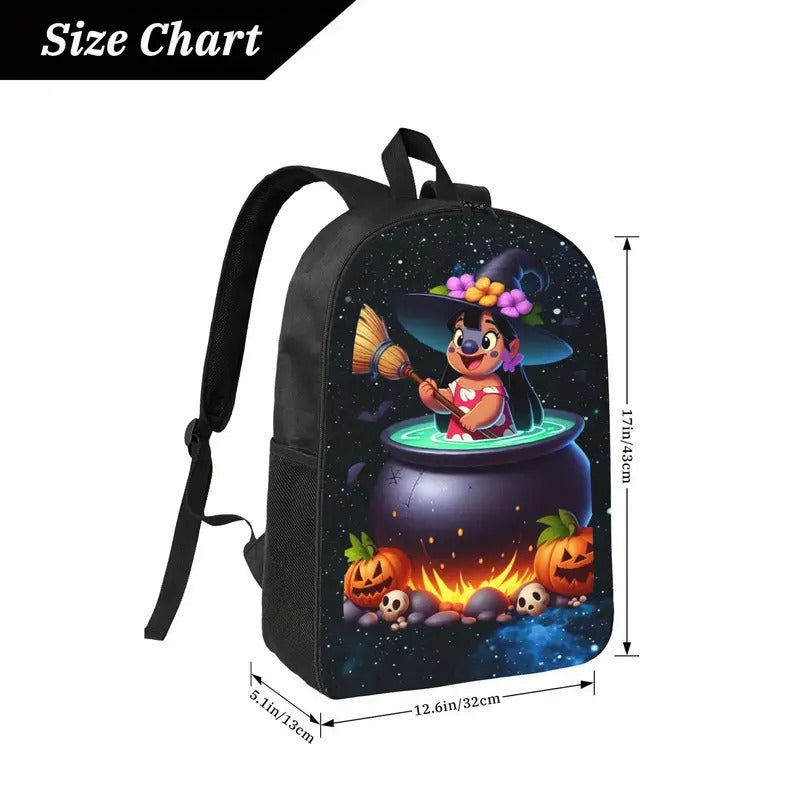 Halloween-Themed Disney Backpack for Teens - Black with Witch & Pumpkin Design, Adjustable Straps, Zipper Closure, Compact Travel Bag for School, Commute, or Weekend Trips, Halloween Backpack, School Bag, Playful Design, Durable Straps