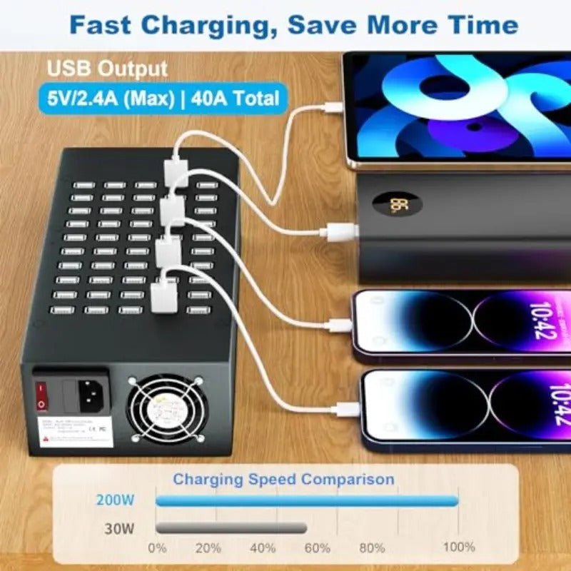 50 Port 200 Watt 40A USB Charging Station USB Fast Charger with Intelligent Protection Multiple USB Desktop Chargers Suitable for Hotels Shops Schools Shopping malls