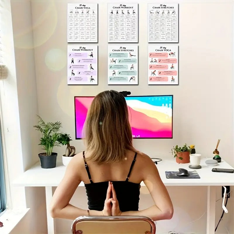 [2D Flat] 30-Day Chair Workout Poster Set - Full Body Exercise & Yoga Guide, Stretching, and Fitness Challenges, 6pcs, 8x10" Frameless, Paper Material,