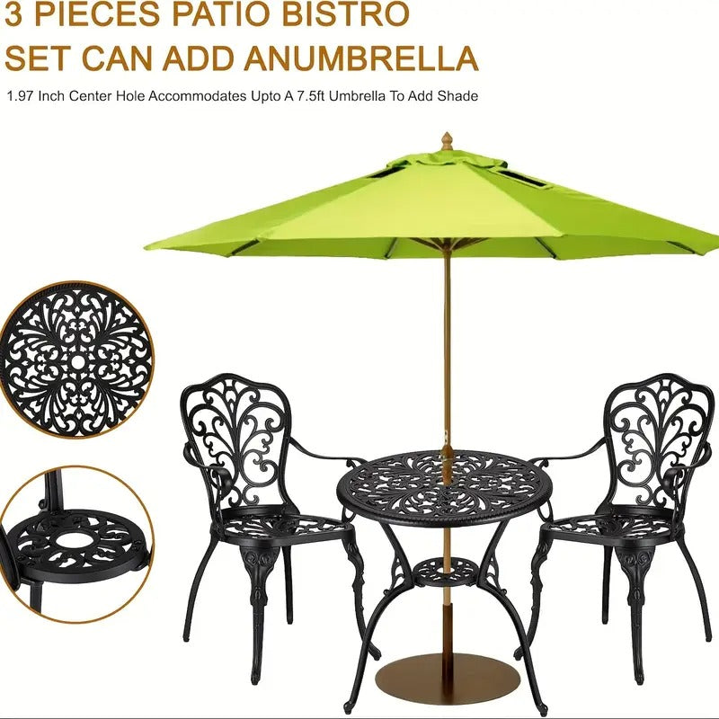3pcs Bistro Set, Outdoor Bistro Table And Chairs Set Of 2, Rust-Resistant Cast Aluminum All Weather Patio Outdoor Bistro Set with Umbrella Hole for Backyard, Balcony, Front Porch