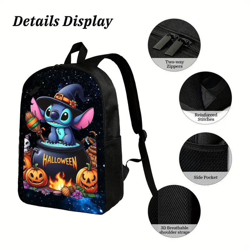 Disney Stitch Halloween Backpack - Official Stitch Witch Hat & Cauldron Design School Bag, Heavy-Duty Commuter Backpack with Adjustable Shoulder Straps, Zipper Closure, Machine Washable