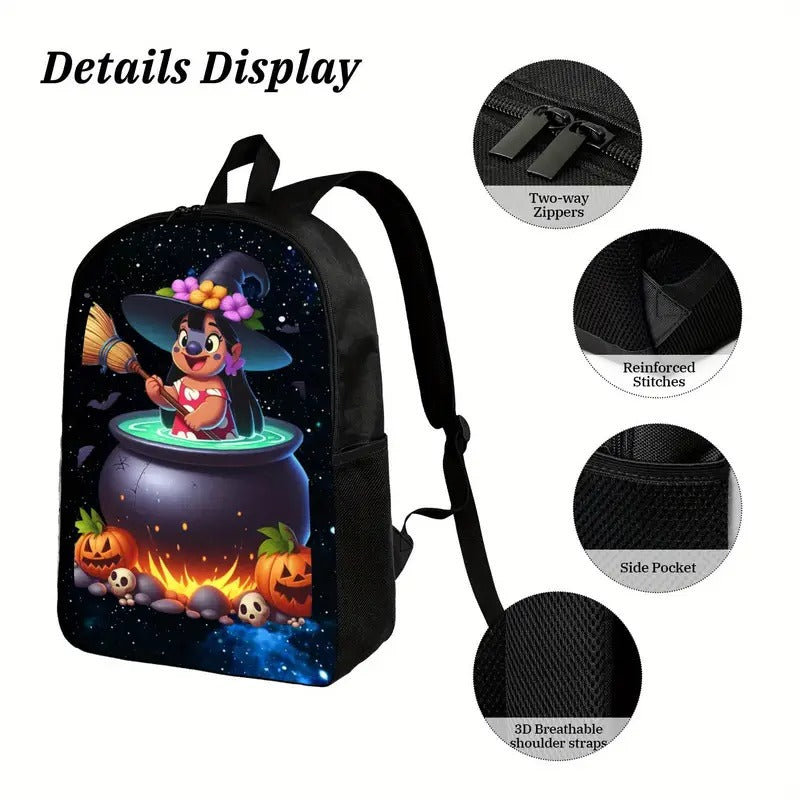 Halloween-Themed Disney Backpack for Teens - Black with Witch & Pumpkin Design, Adjustable Straps, Zipper Closure, Compact Travel Bag for School, Commute, or Weekend Trips, Halloween Backpack, School Bag, Playful Design, Durable Straps