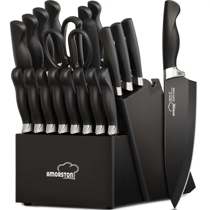 20pcs/ Knife Set, Amorston 20pcs Knife Sets for Kitchen with Block, Dishwasher Safe Kitchen Knife Set with Built-in Sharpener, German Stainless Steel Black Knife Block Set, Kitchen Gadgets Gifts for Mom Or Dad