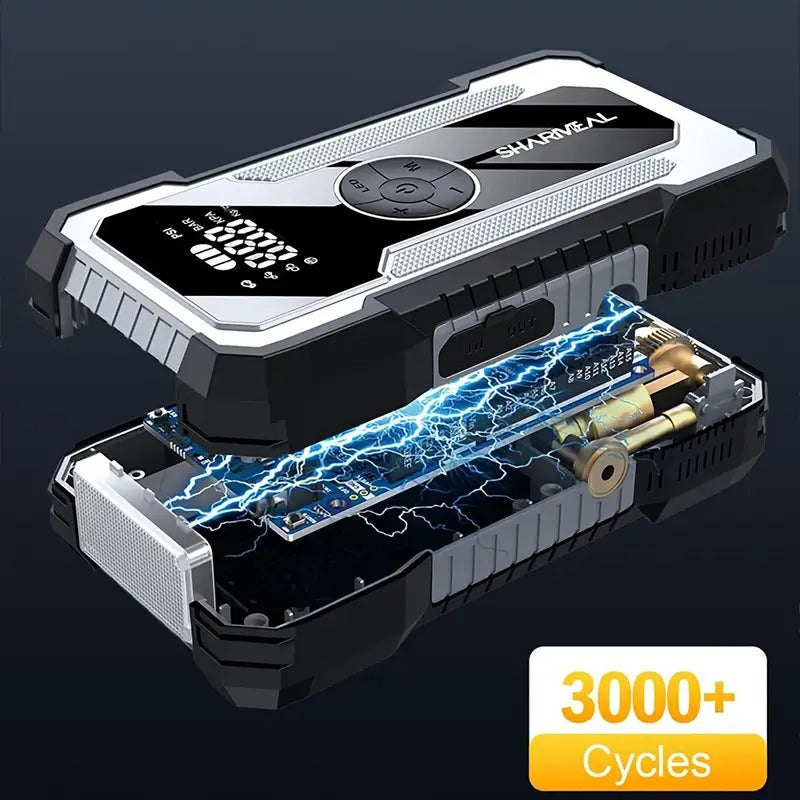 Sharmeal 8000A Heavy-Duty Portable Jump Starter with Fast Charging, Digital LCD Display, USB Power Bank, Emergency Light - for Cars, Trucks, SUVs, Boats, RVs - with Nozzles & Cable - 12V