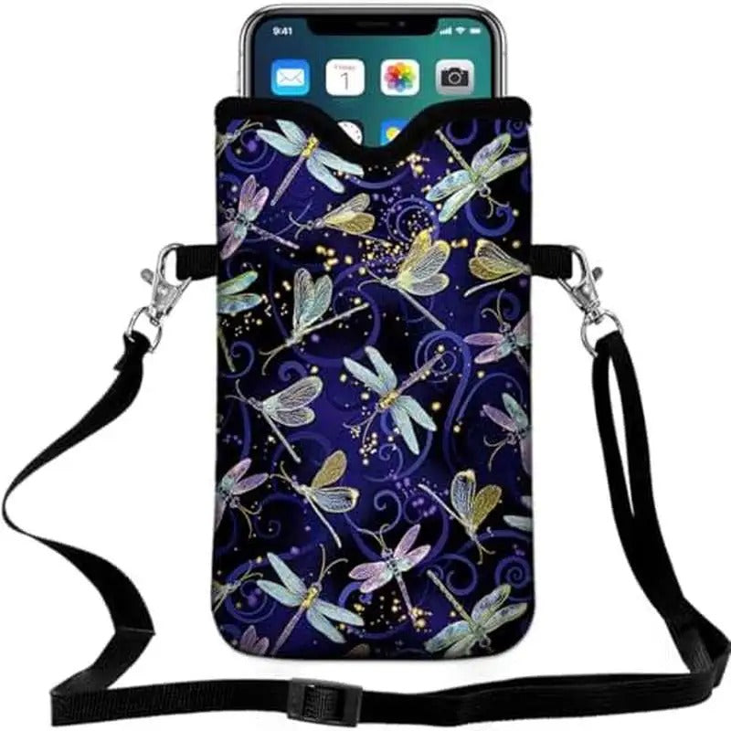 Universal Neoprene Mobile Phone Pouch 7.1 X 4 Inches with Crossbody Strap/Neck Lanyard Featuring a Dragonfly Design