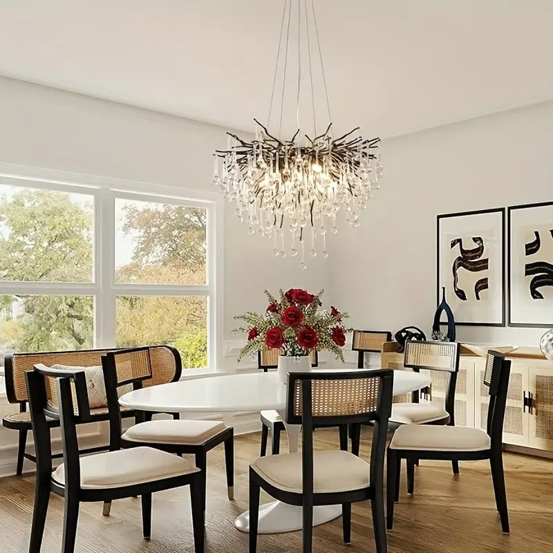Black Crystal Chandelier, Modern Ceiling Chandelier, Flower Hanging Lighting, Frost Branch Raindrop Chandelier, Suitable for Dining Rooms, Living Rooms, Bedrooms, Entrances (24 Inch Round, G9 * 10)