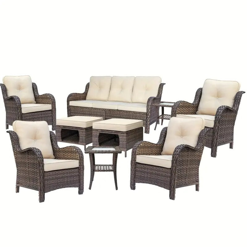 A Set Of 9 Hand-woven Wicker Outdoor Single Chairs, Featuring A High-backrest Sofa And Multi-functional Ottomans, Tempered Glass Small Side Table, High-quality Brown Wicker with Beige Cushions, An Ideal Choice for Outdoor Patio Conversation Sets