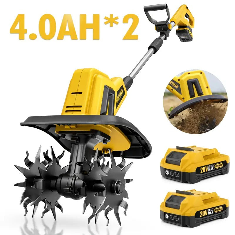 [20V Cordless Tiller Cultivator] 20V Cordless Tiller Cultivator with 2 * 2.0Ah Batteries & Charger | 360RPM Electric Garden Tiller, 9In Tilling Width, 6.6In Depth | For Lawn, Gardening, Soil Cultivation