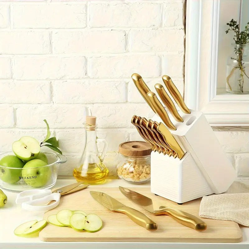 Golden Knife Set with Knife Holder, 6/14pcs Knife Set with Knife Holder, Golden Kitchen Knife Set, Stainless Steel, Ergonomic Design, Professional Ultra-Sharp Kitchen Knives,