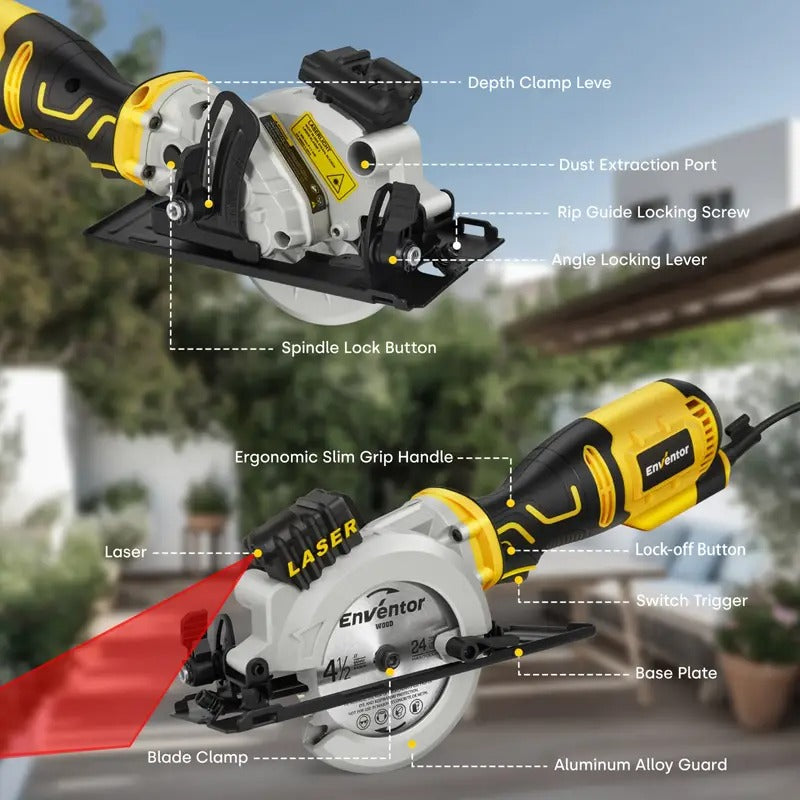 Mini Circular Saw, ENVENTOR 5.8A Compact Circular Saw With Laser Guide, Mini Saw 6 Saw Blades, Max Cutting Depth 1-11/16"(90°), 1-1/8"(45°), Ideal For Soft Metal, Wood, Tile, Drywall, And Plastic Cuts