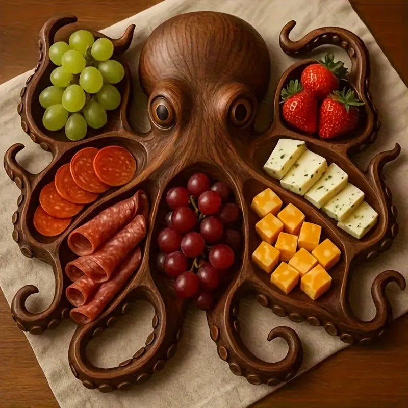 Octopus Shape Charcuterie Board- Wooden Material with Tentacle Grooves, Suitable for Appetizers, Cheese, and Meat- Elegant Seafood Serving Plate- Ideal for Parties, Snacks, and Cold Cuts- Kitchen and Dining