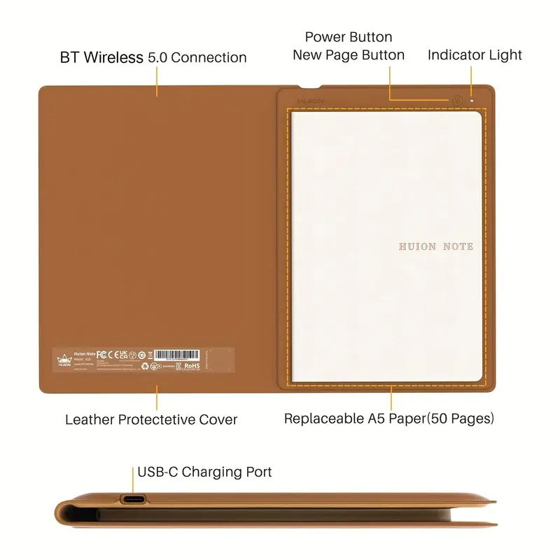 [HUION Digital Notebook] HUION 2-in-1 Digital Notebook | Drawing Tablet With Battery-free Pen, Wireless Paper Tablet Electronic Writing Pad For Note-taking, Digital Art & Meeting, Refillable A5 Notepad, 9.5x7inch