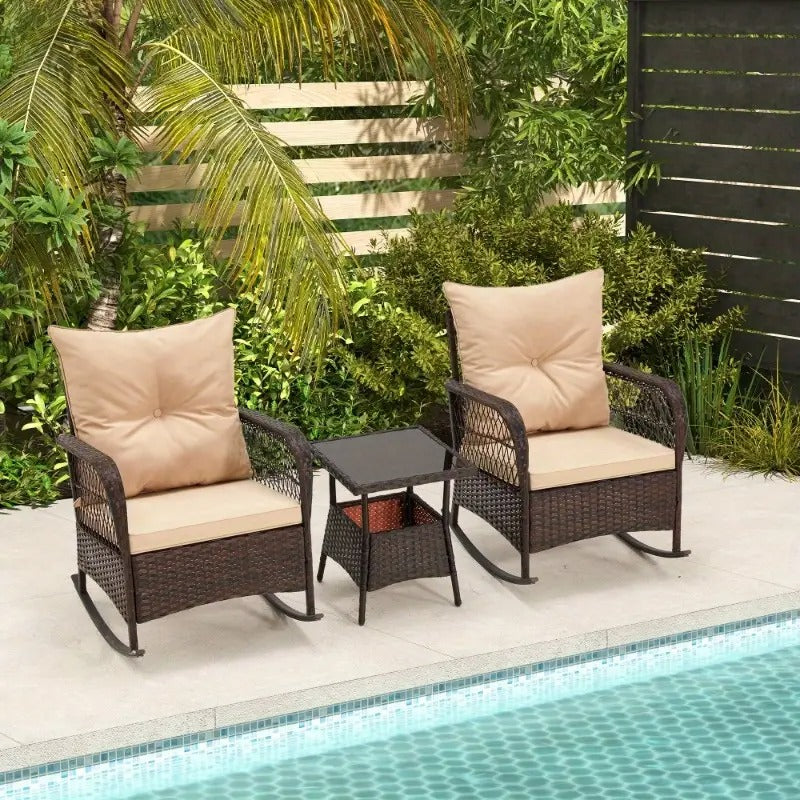 [Outdoor | Rattan] 3pcs Outdoor Rocking Bistro Set | Pation Rattan Furniture Set of 3 with 2 PE Rocking Chairs and 1 Tempered Glass Coffee Table | for Porch, Garden, Beige/ Blue/ Gray