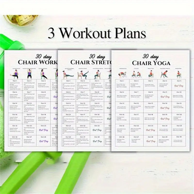 [2D Flat] 30-Day Chair Workout Poster Set - Full Body Exercise & Yoga Guide, Stretching, and Fitness Challenges, 6pcs, 8x10" Frameless, Paper Material,