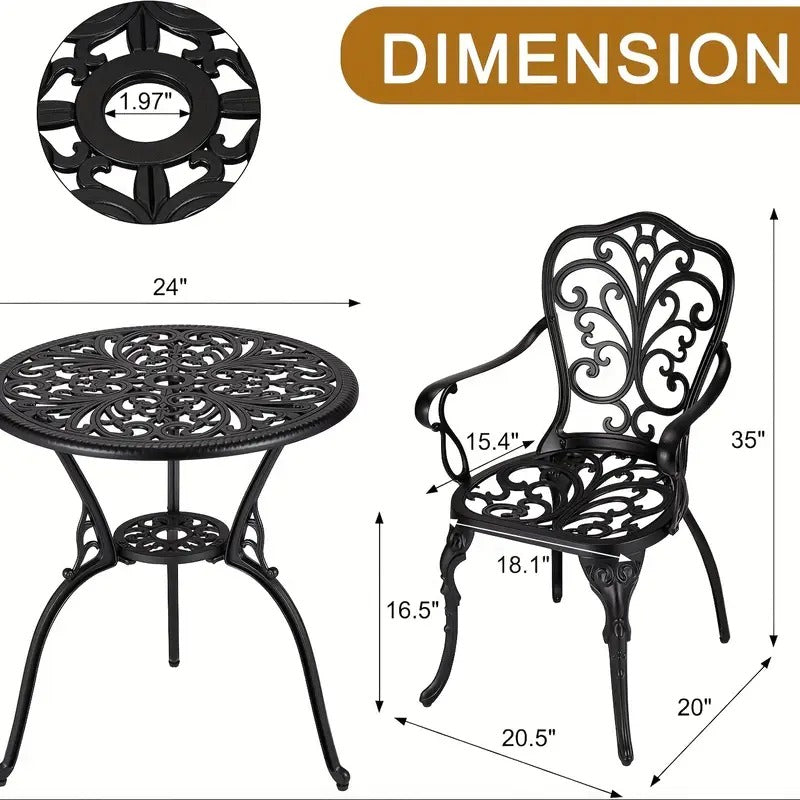 3pcs Bistro Set, Outdoor Bistro Table And Chairs Set Of 2, Rust-Resistant Cast Aluminum All Weather Patio Outdoor Bistro Set with Umbrella Hole for Backyard, Balcony, Front Porch