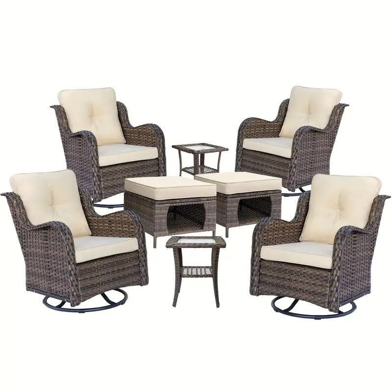 8pcs Hand-woven PE Wicker Outdoor 360° Swivel Rocking Chair, High Quality Cushions, Not Easy to Slide, with Small Side Table, Multi-purpose Outdoor Ottomans, with Storage Space,