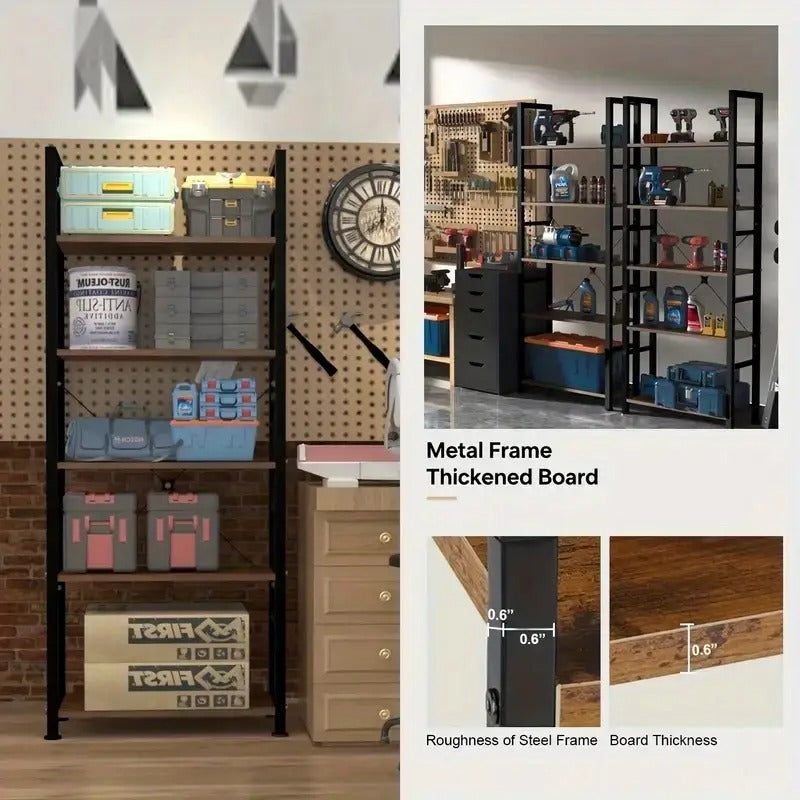 [5-Tier Metal Storage Rack] Heavy Duty 5-Tier Metal Storage Rack - Freestanding Industrial Organizer with Polished Brown Finish, Multi-Purpose Shelf for Garage, Home Office, Kitchen, Living Room - No Assembly Required