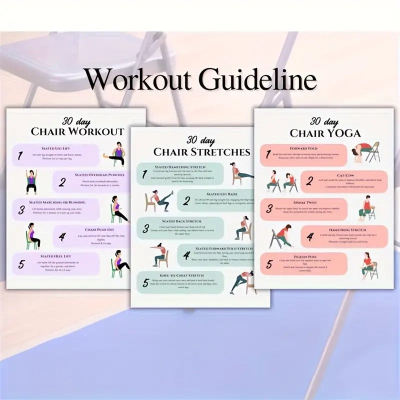 [2D Flat] 30-Day Chair Workout Poster Set - Full Body Exercise & Yoga Guide, Stretching, and Fitness Challenges, 6pcs, 8x10" Frameless, Paper Material,