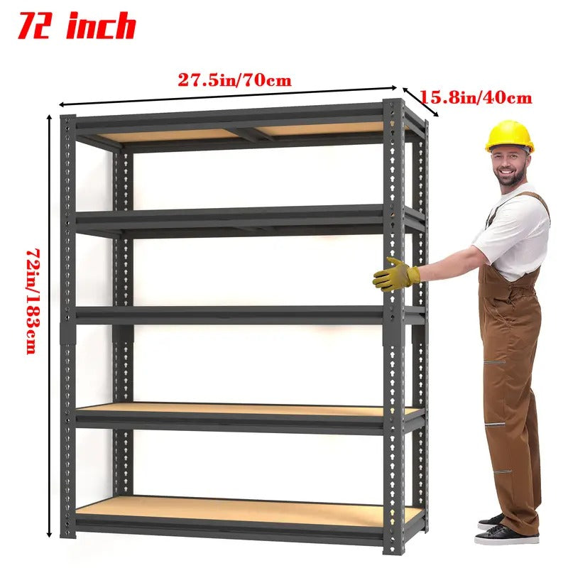 5-Tier Adjustable Metal Storage Shelves, 72"H Garage & Warehouse Shelving Units - Heavy-Duty Black Metal Frame with Multiple Compartments for Tools, Kitchen, Basement, Closet Organization, Garage Storage, Versatile