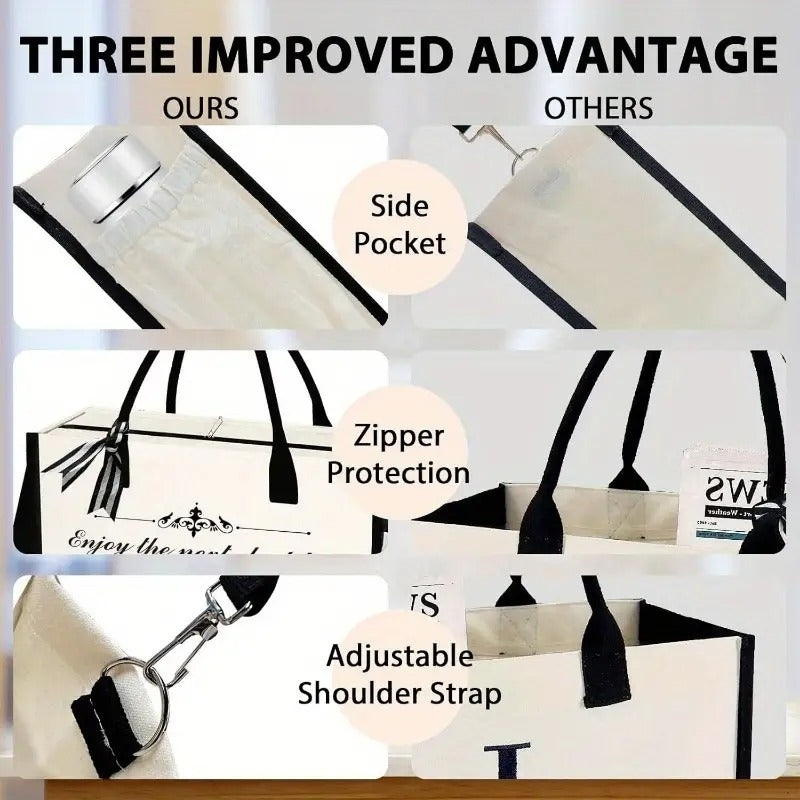 JOJHDR Canvas Beach Bag with Zipper And Slide Pockets, Trendy Shoulder Strap And Bottom Support, Ideal for Office Use