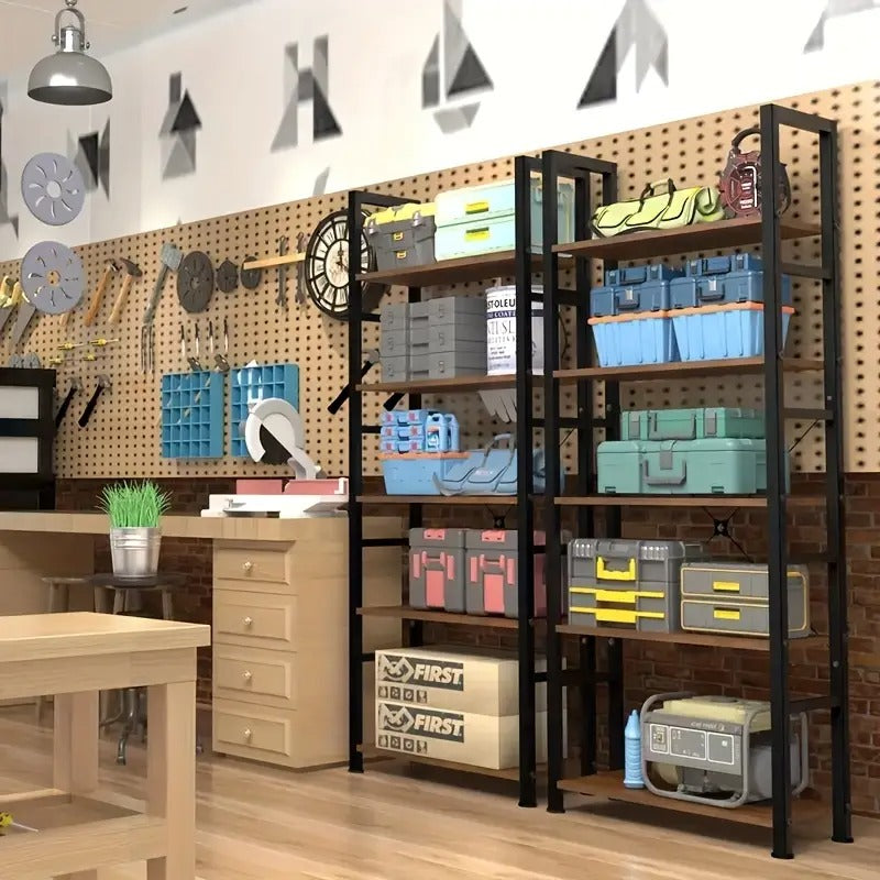 [5-Tier Metal Storage Rack] Heavy Duty 5-Tier Metal Storage Rack - Freestanding Industrial Organizer with Polished Brown Finish, Multi-Purpose Shelf for Garage, Home Office, Kitchen, Living Room - No Assembly Required