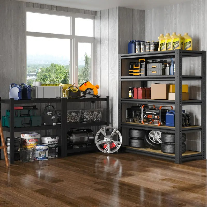 5-Tier Adjustable Metal Storage Shelves, 72"H Garage & Warehouse Shelving Units - Heavy-Duty Black Metal Frame with Multiple Compartments for Tools, Kitchen, Basement, Closet Organization, Garage Storage, Versatile