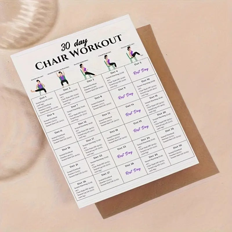 [2D Flat] 30-Day Chair Workout Poster Set - Full Body Exercise & Yoga Guide, Stretching, and Fitness Challenges, 6pcs, 8x10" Frameless, Paper Material,