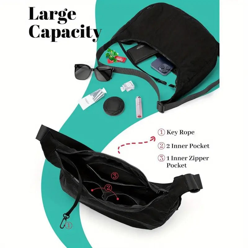 Iioscre Medium Crossbody Crescent Bag for Women Men Trendy, Nylon Crossbody Hobo Bag with Adjustable Strap and Inner Pockets.