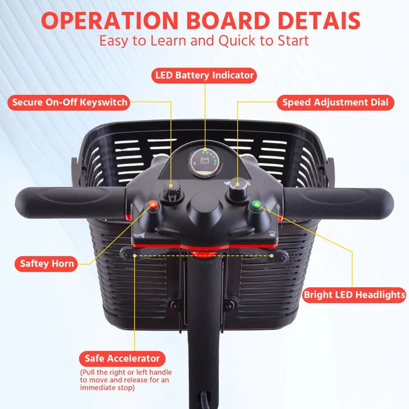 4-Wheel Folding Adult Mobility Scooter, Mobility Aid for Seniors, Weight Capacity 300 lbs, Range 10 Miles, Portable Electric Mobility Scooter with LED Headlights and Foldable